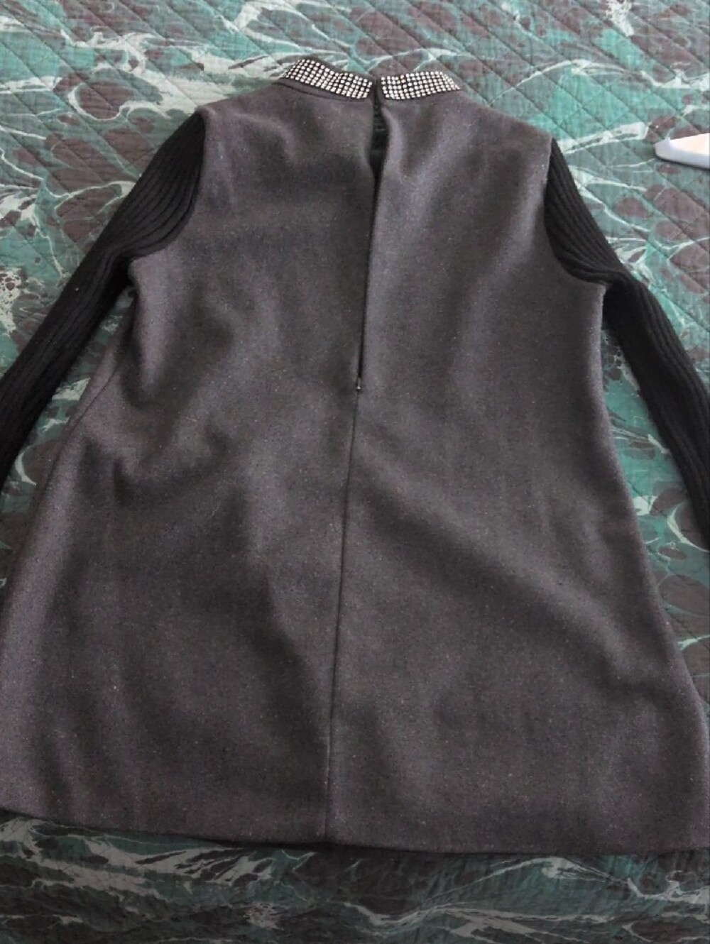 Women's Vintage Black Knit-Sleeve Dress with Embellished Collar - Picture 3 of 4